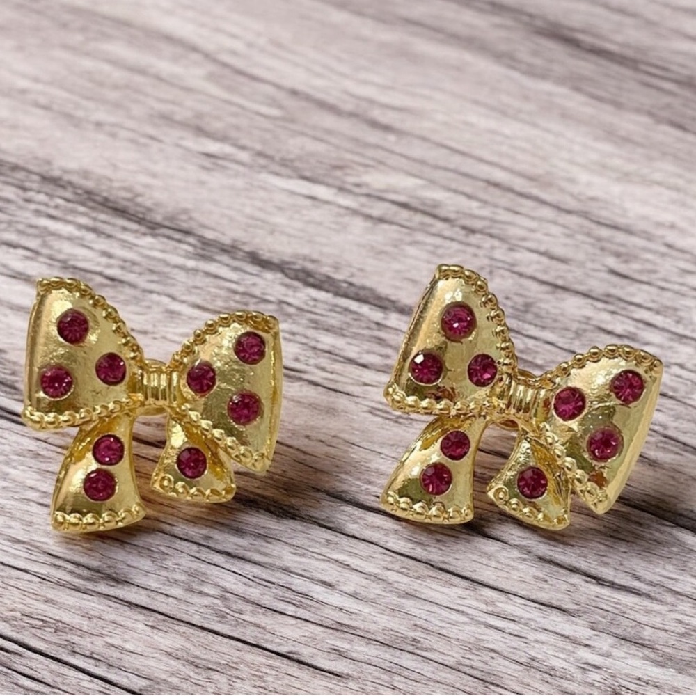 Gold Bow Earrings With Sparkly Pink Crystals NWOT